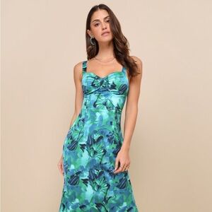 Easily impressing blue and green floral satin bustier midi dress